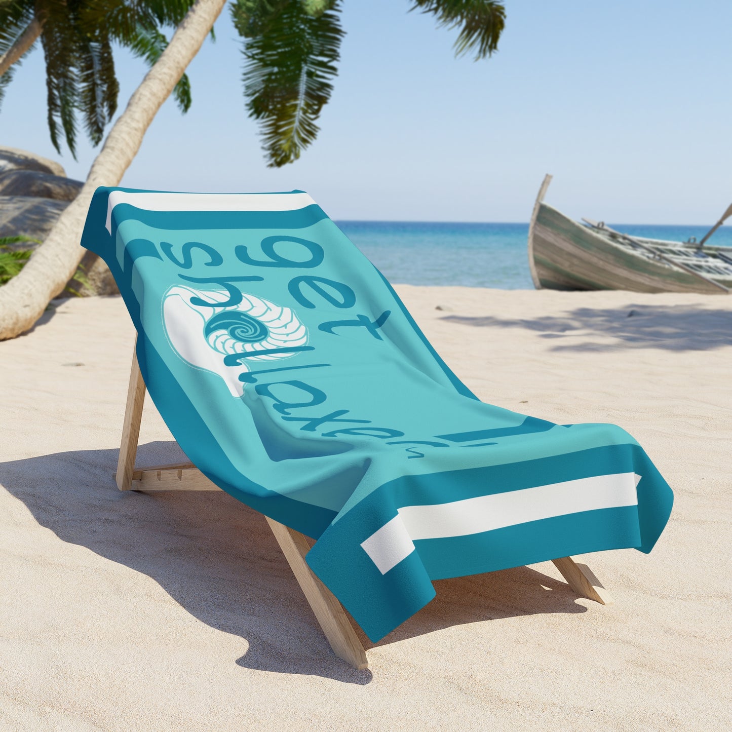 Get Shellaxed Beach Towel — Nautical Seashell Design, Turquoise Sun & Sand Towel