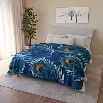 Peacock Feather Fleece Sherpa Blanket — Blue Boho Cozy Throw