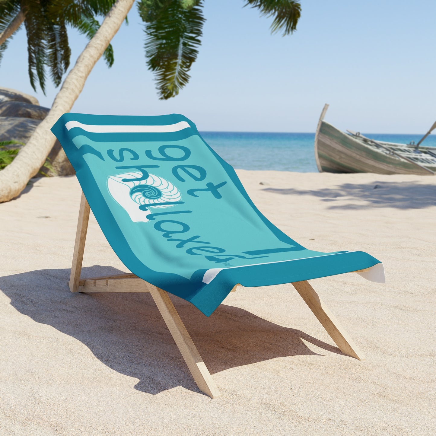 Get Shellaxed Beach Towel — Nautical Seashell Design, Turquoise Sun & Sand Towel