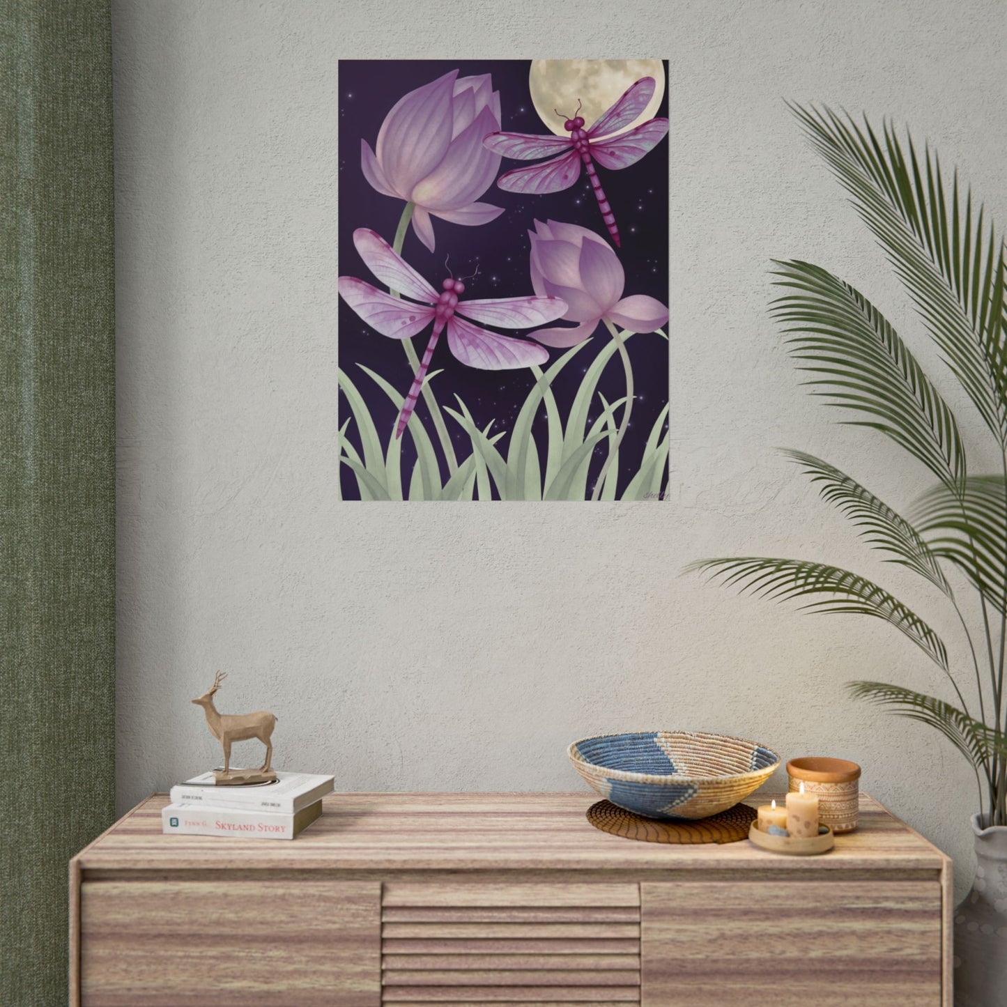 "Dragonflies at Night" — Purple Floral Nightscape Rolled Art Print