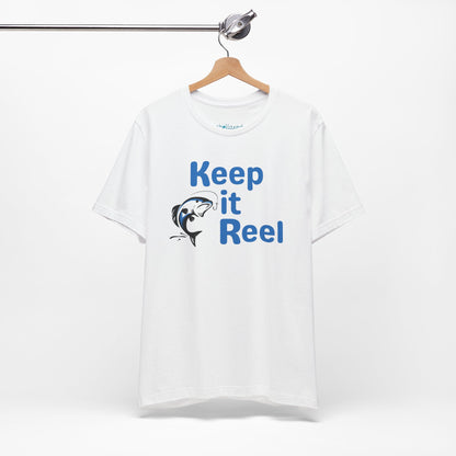"Keep It Reel" Fishing T-Shirt — Funny Angler Tee with Jumping Fish Design