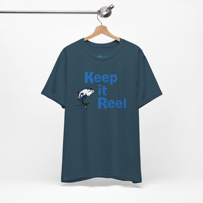 "Keep It Reel" Fishing T-Shirt — Funny Angler Tee with Jumping Fish Design