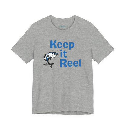 "Keep It Reel" Fishing T-Shirt — Funny Angler Tee with Jumping Fish Design