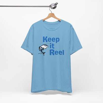 "Keep It Reel" Fishing T-Shirt — Funny Angler Tee with Jumping Fish Design
