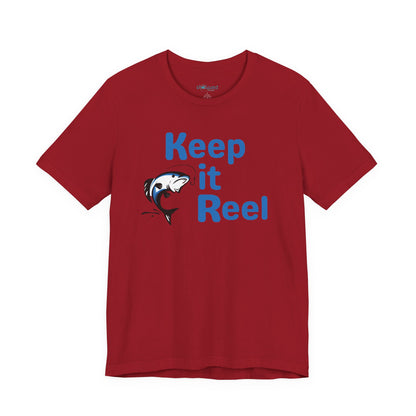"Keep It Reel" Fishing T-Shirt — Funny Angler Tee with Jumping Fish Design