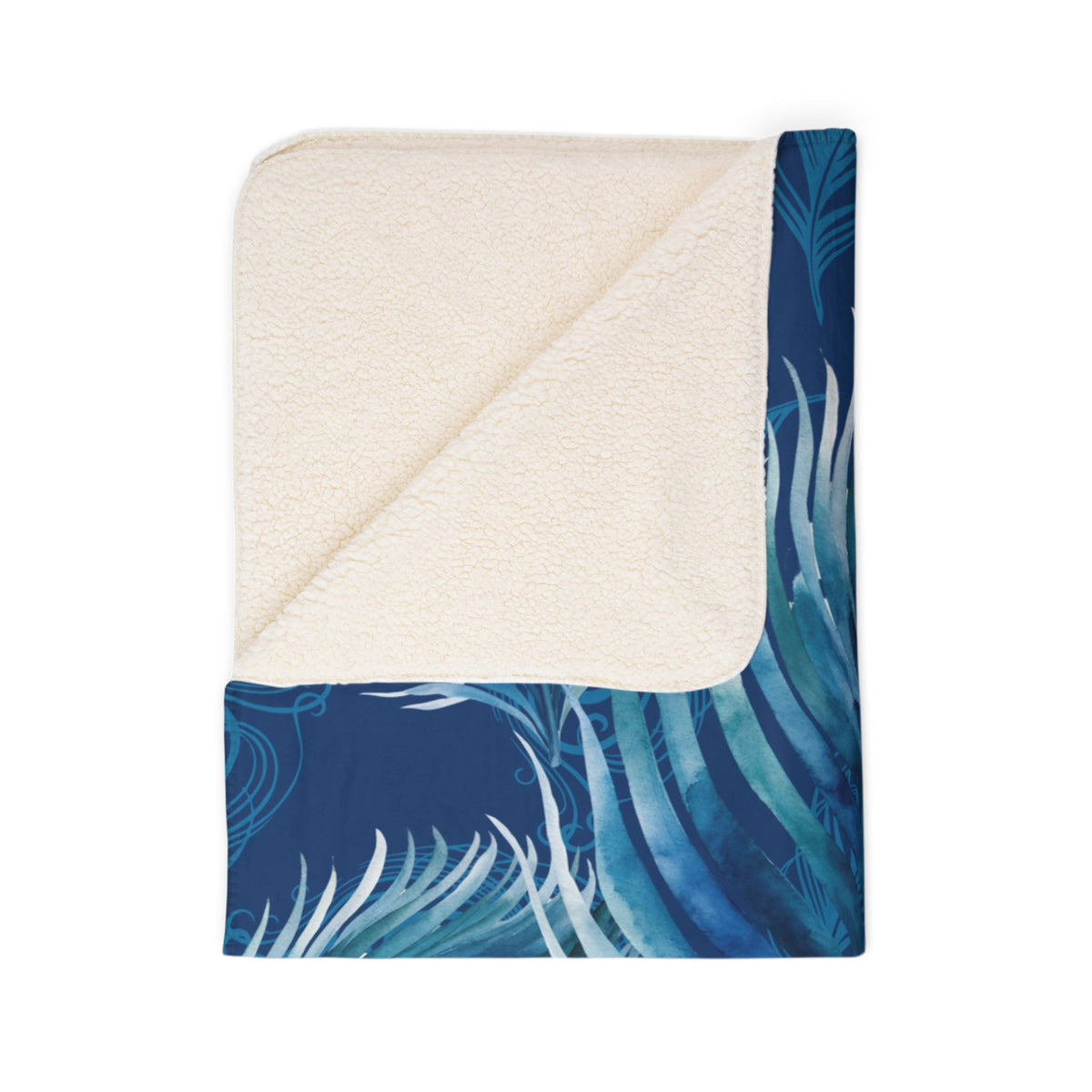 Peacock Feather Fleece Sherpa Blanket — Blue Boho Cozy Throw