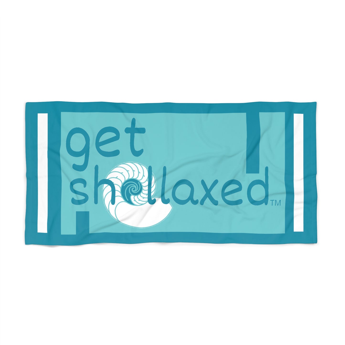 Get Shellaxed Beach Towel — Nautical Seashell Design, Turquoise Sun & Sand Towel