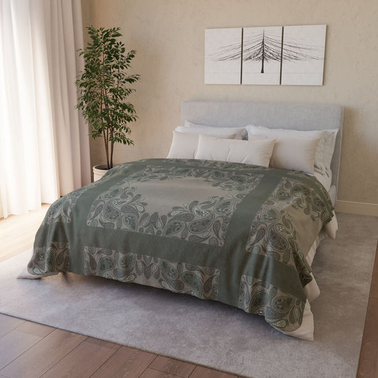 Sage Sherpa Fleece Blanket — Green Paisley Throw