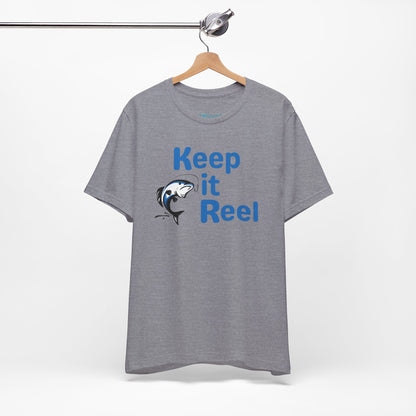 "Keep It Reel" Fishing T-Shirt — Funny Angler Tee with Jumping Fish Design