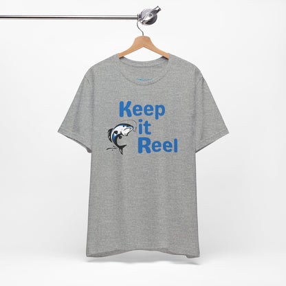 "Keep It Reel" Fishing T-Shirt — Funny Angler Tee with Jumping Fish Design