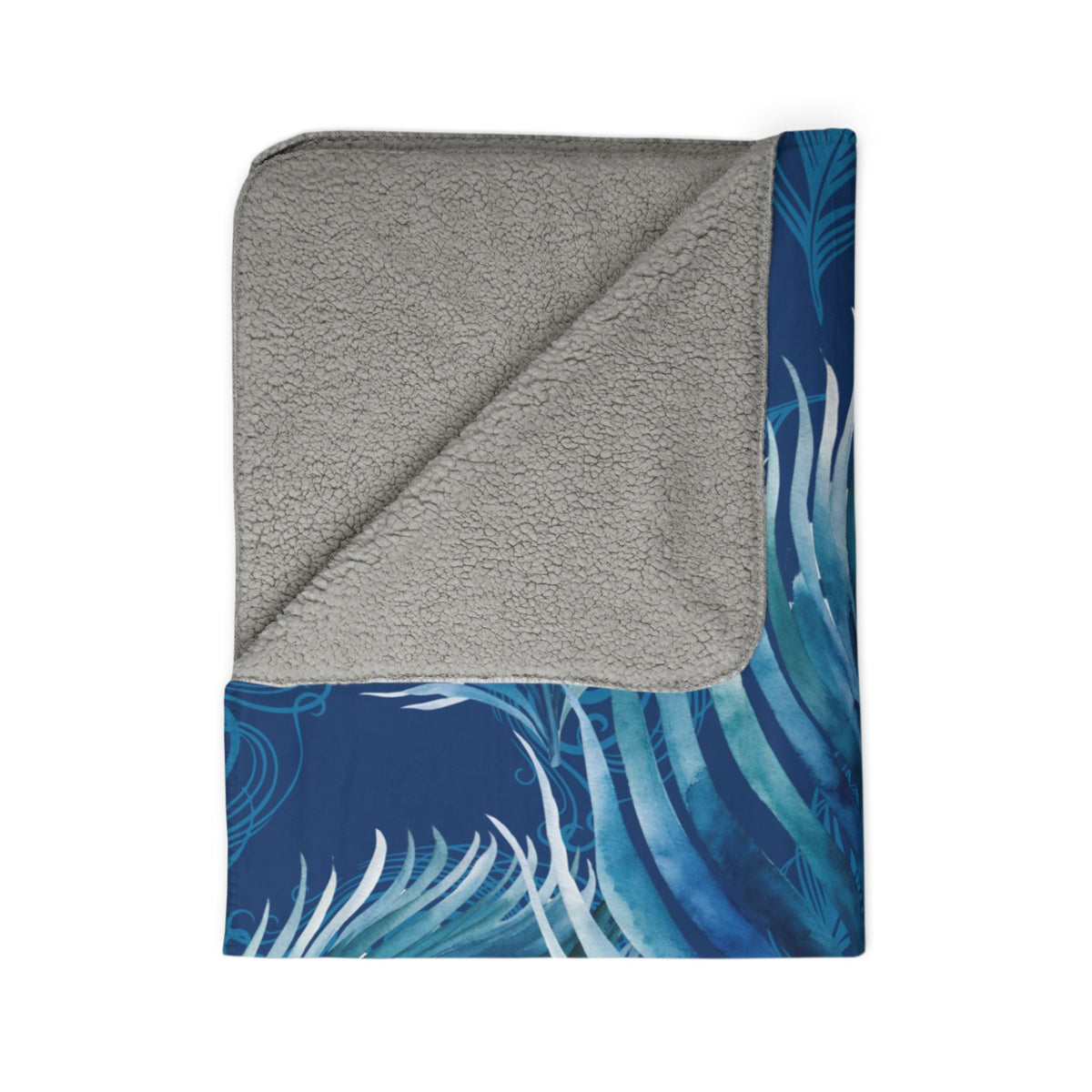 Peacock Feather Fleece Sherpa Blanket — Blue Boho Cozy Throw