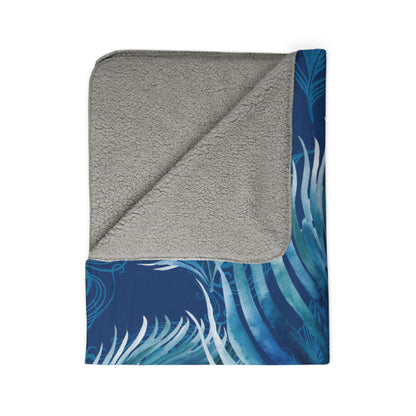 Peacock Feather Fleece Sherpa Blanket — Blue Boho Cozy Throw