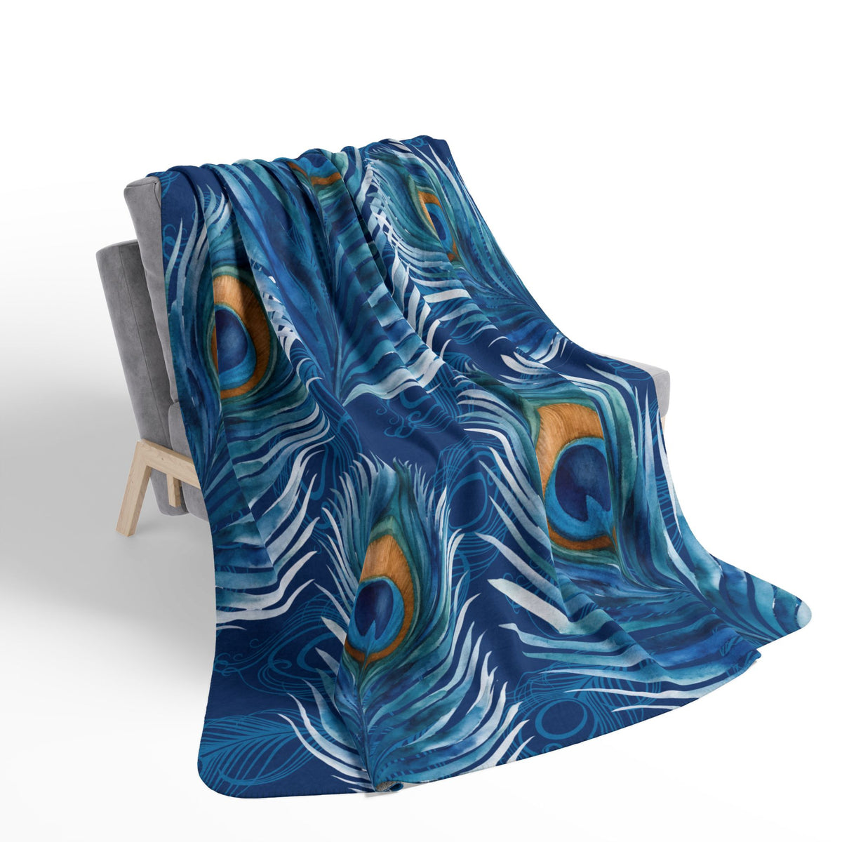 Peacock Feather Fleece Sherpa Blanket — Blue Boho Cozy Throw