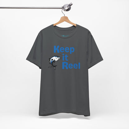 "Keep It Reel" Fishing T-Shirt — Funny Angler Tee with Jumping Fish Design