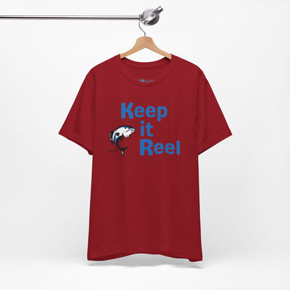 "Keep It Reel" Fishing T-Shirt — Funny Angler Tee with Jumping Fish Design