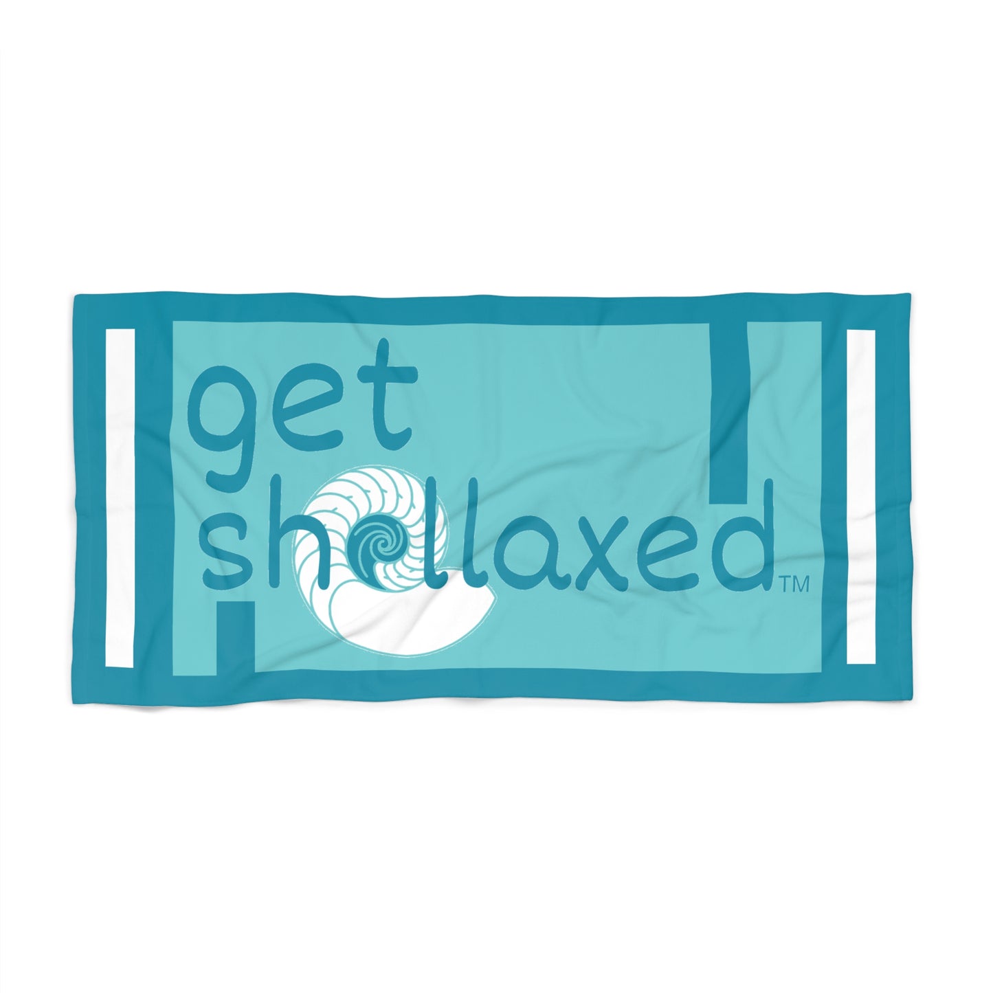 Get Shellaxed Beach Towel — Nautical Seashell Design, Turquoise Sun & Sand Towel