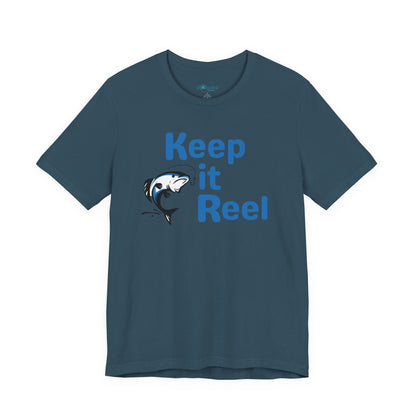 "Keep It Reel" Fishing T-Shirt — Funny Angler Tee with Jumping Fish Design