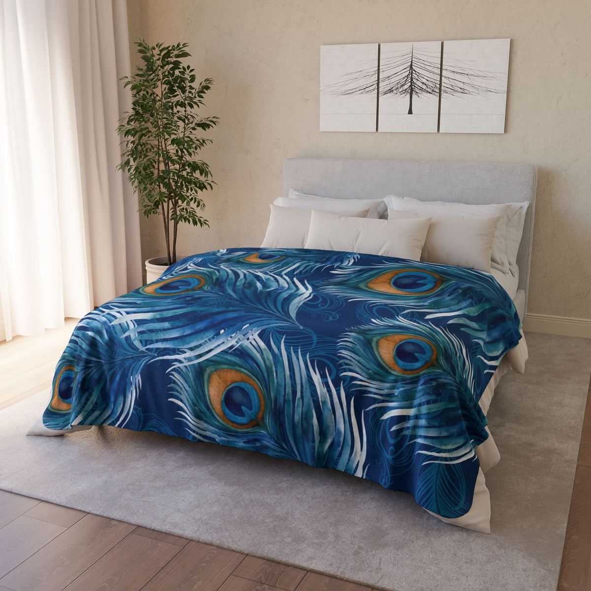 Peacock Feather Fleece Sherpa Blanket — Blue Boho Cozy Throw