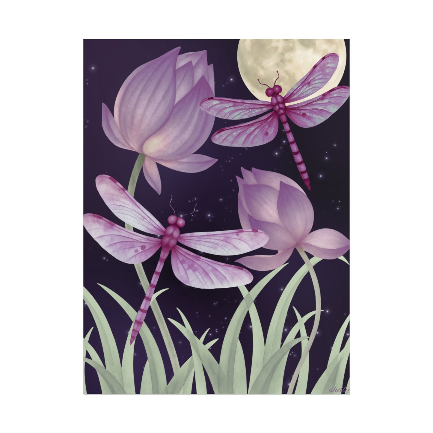 "Dragonflies at Night" — Purple Floral Nightscape Rolled Art Print